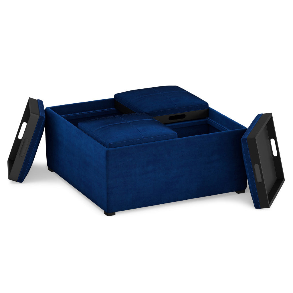 35" Blue and Black Velvet Cocktail Ottoman With Storage-2