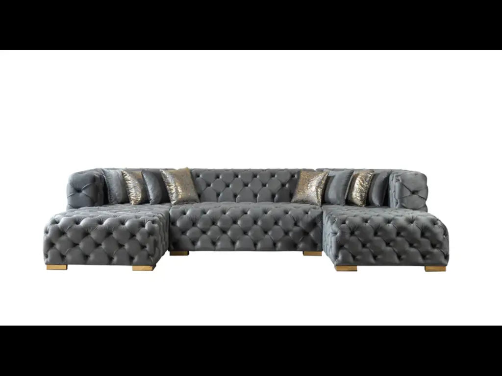 Tufted Gray Velvet Modular U Shaped Sofa and Chaise Sectional With Toss Pillows-4