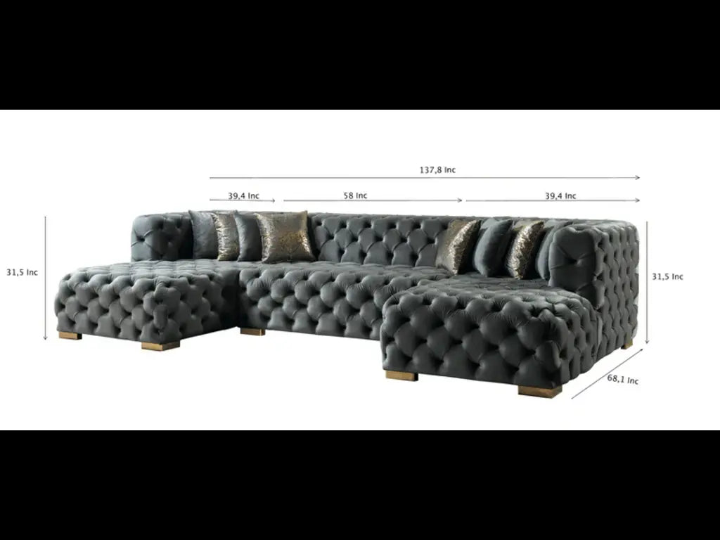 Tufted Gray Velvet Modular U Shaped Sofa and Chaise Sectional With Toss Pillows-6