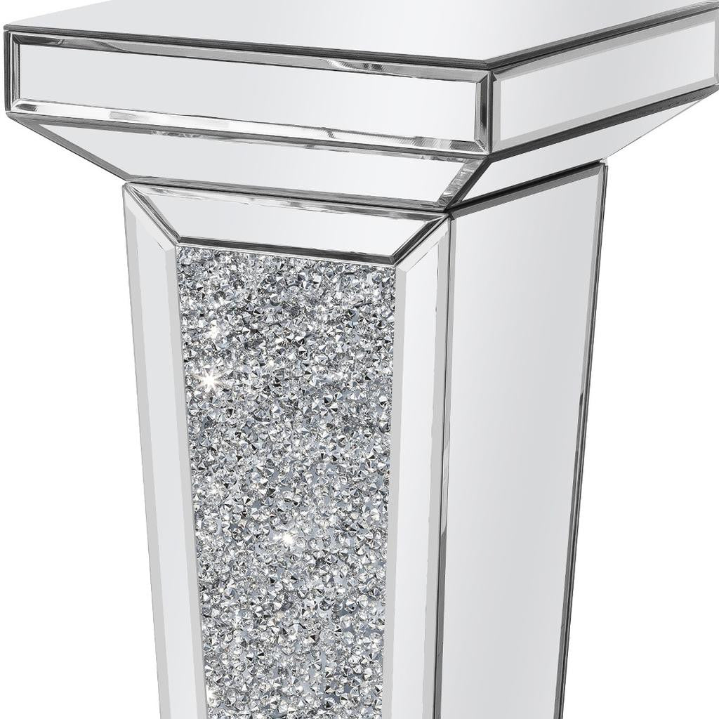 35" Silver Mirrored Glass And Faux Crystals Pedestal Accent Table-6