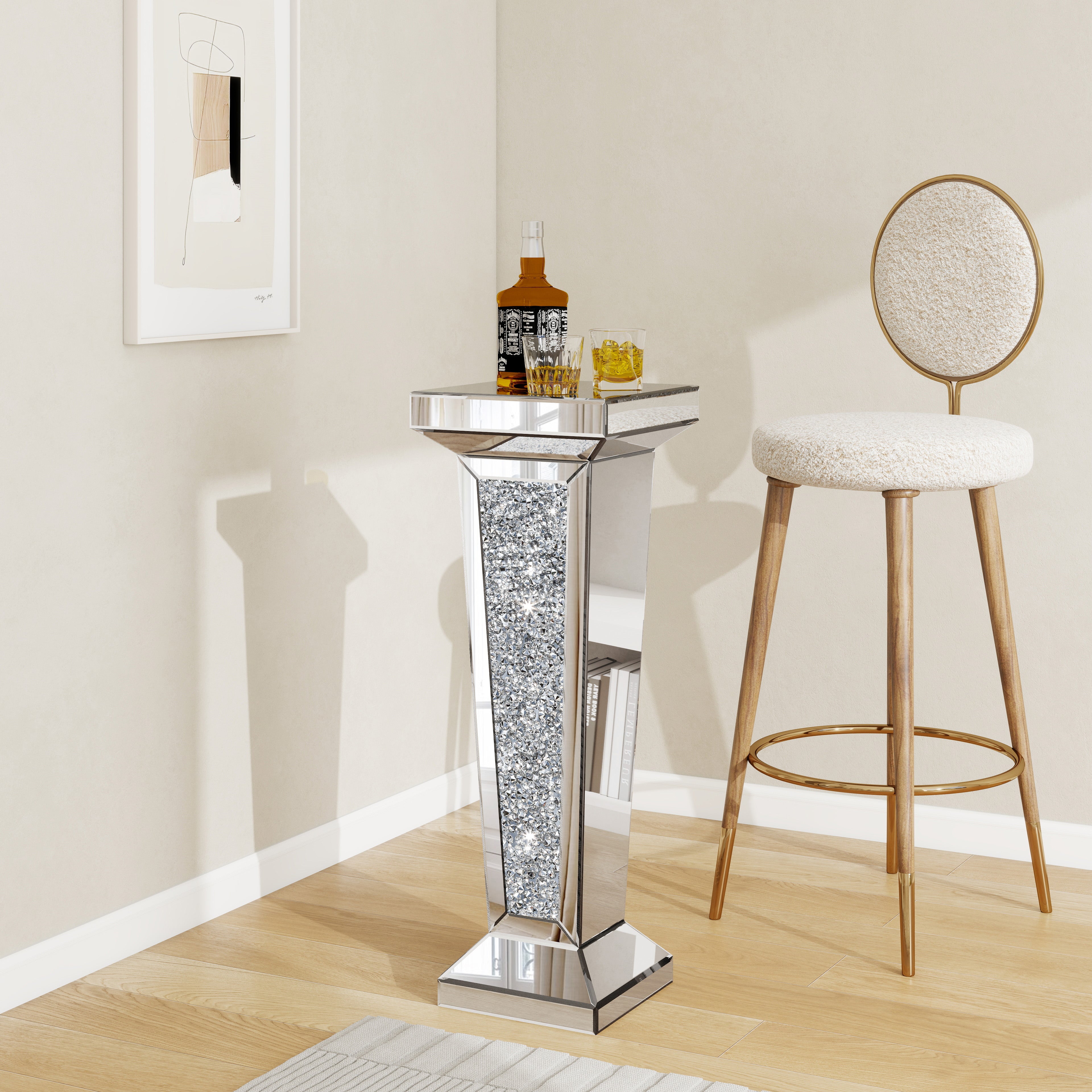 35" Silver Mirrored Glass And Faux Crystals Pedestal Accent Table-7