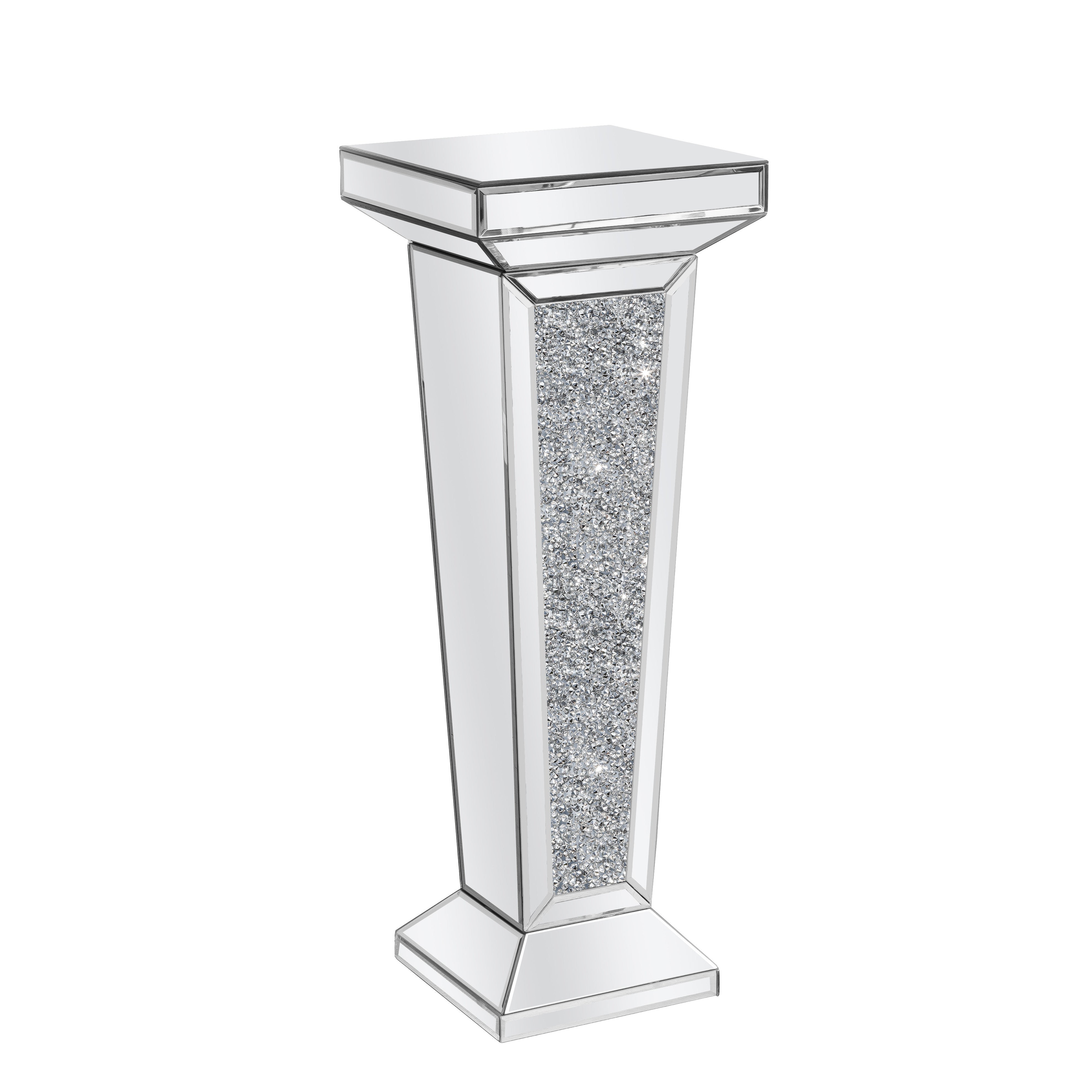 35" Silver Mirrored Glass And Faux Crystals Pedestal Accent Table-4