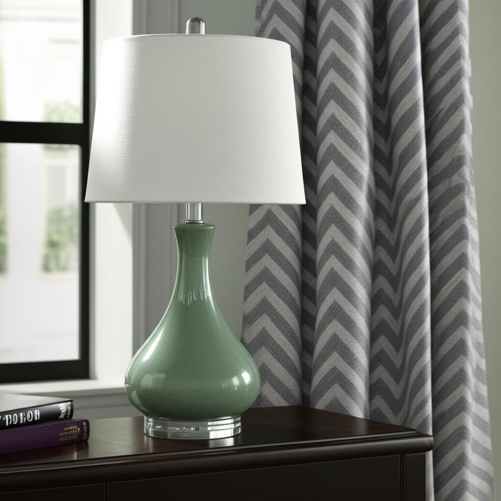 26" Sage And Clear Ceramic Novelty Table Lamp With White Drum Shade-0