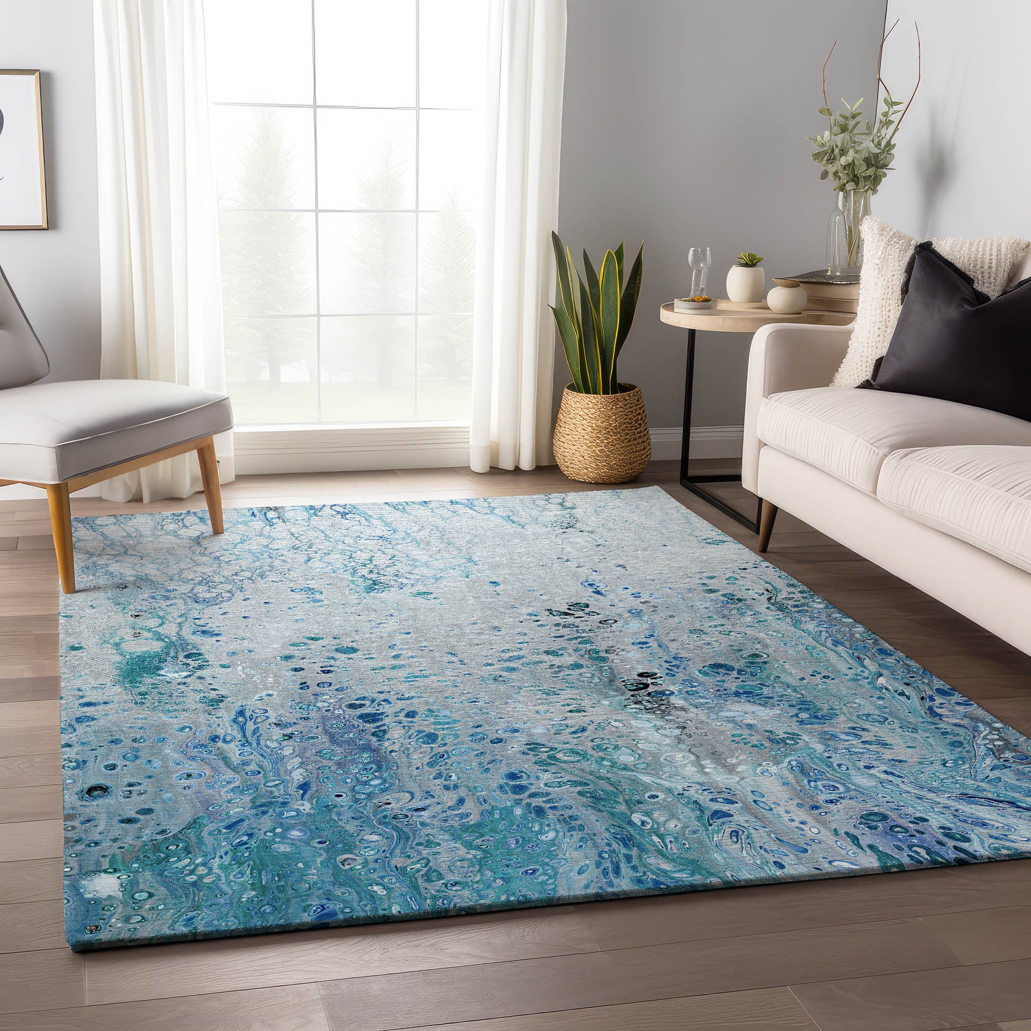 3' X 5' Light Blue And Ivory Abstract Washable Indoor Outdoor Area Rug-6