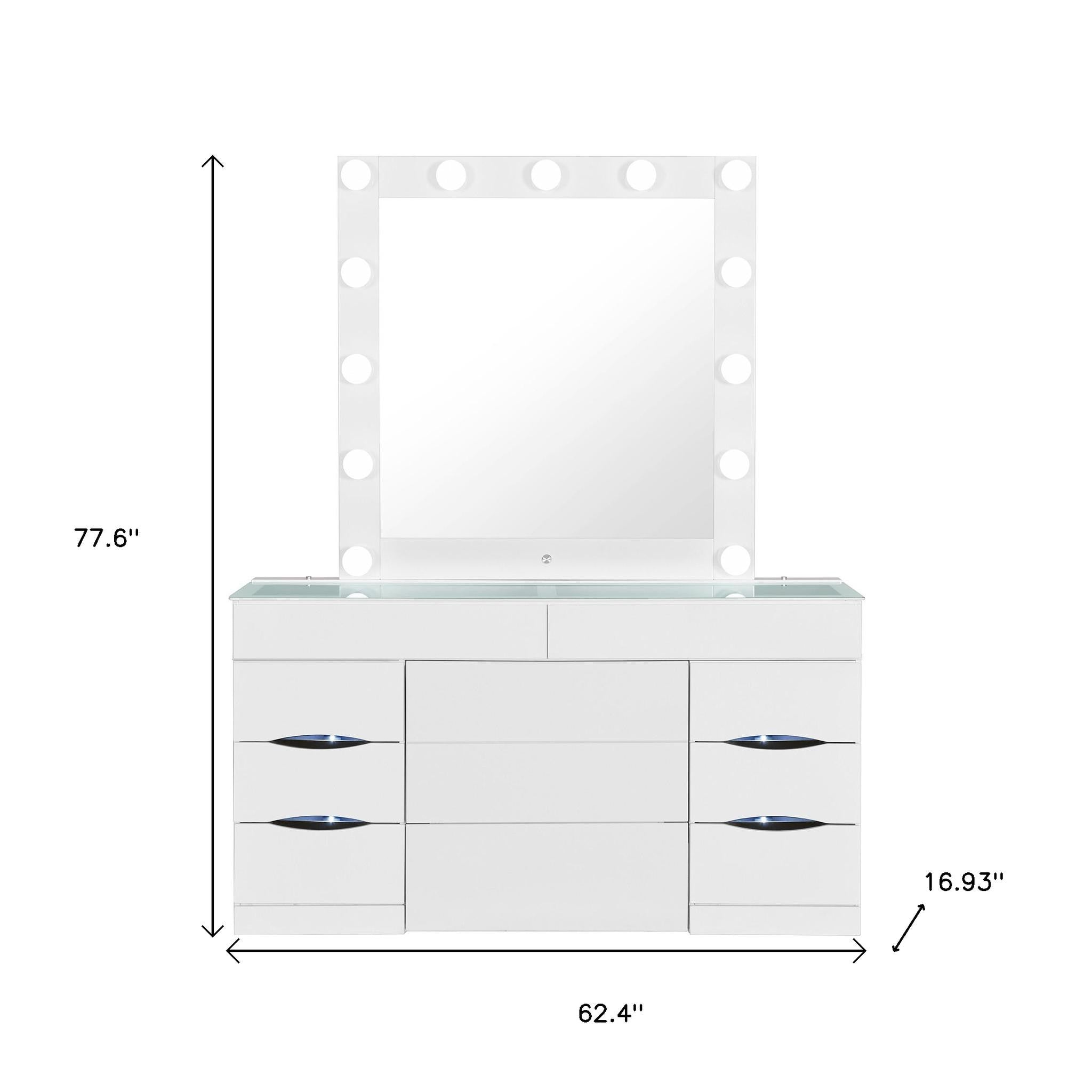 62" White Wood And Glass Six Drawer Vanity Table With Mirror Seating And Lights-7