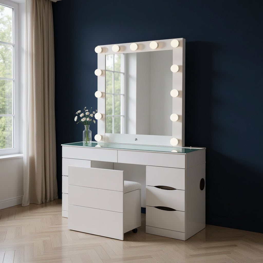 62" White Wood And Glass Six Drawer Vanity Table With Mirror Seating And Lights-0