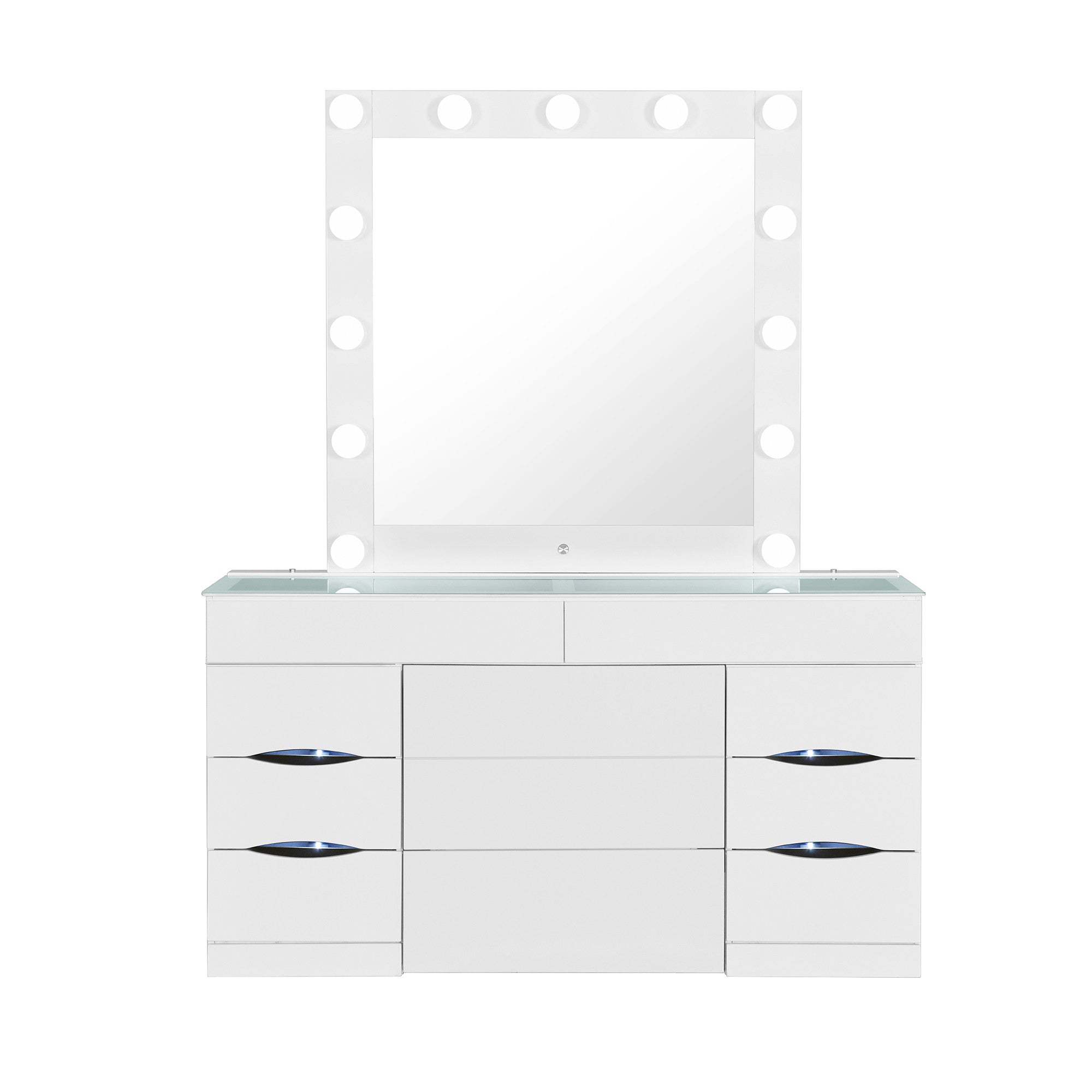 62" White Wood And Glass Six Drawer Vanity Table With Mirror Seating And Lights-1