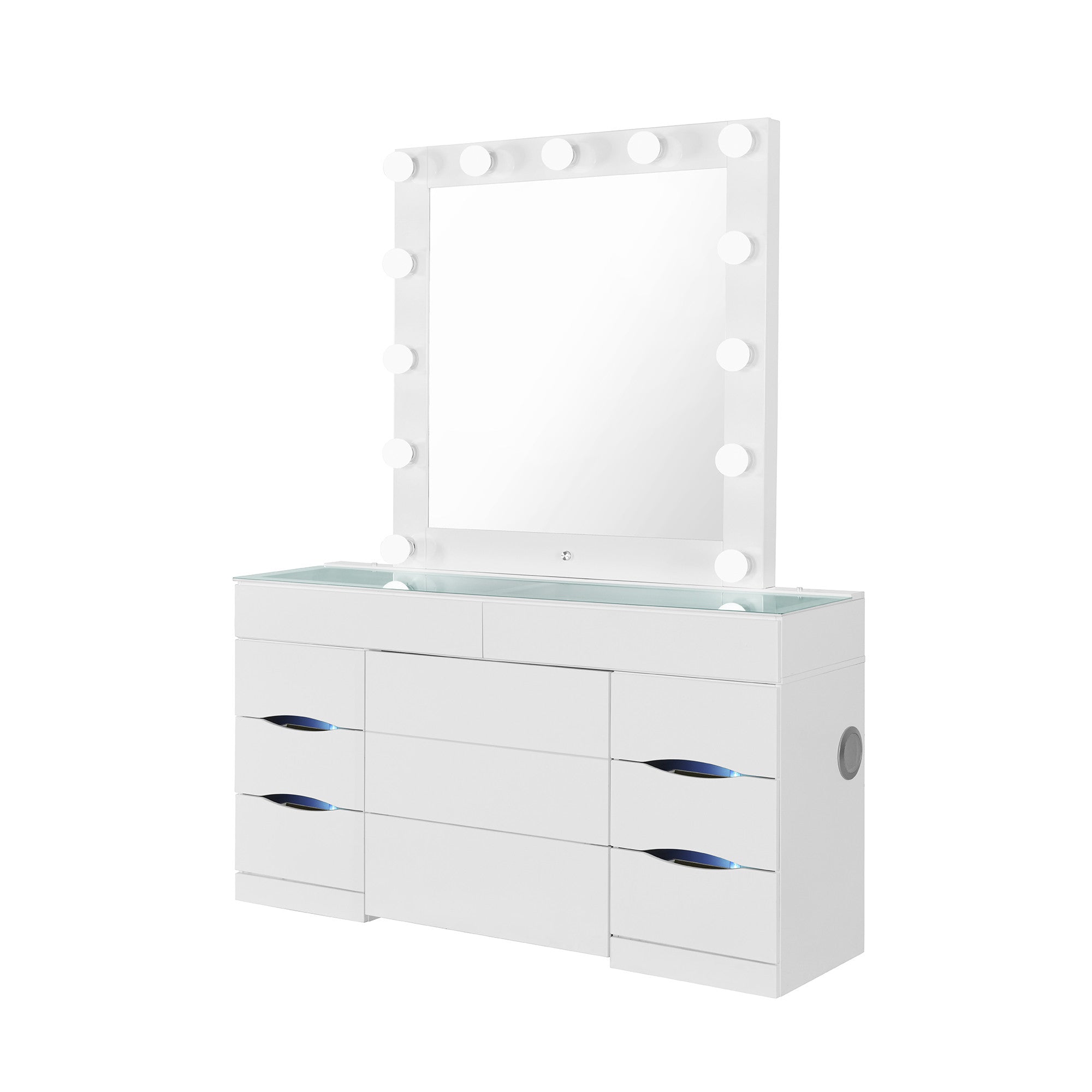 62" White Wood And Glass Six Drawer Vanity Table With Mirror Seating And Lights-2