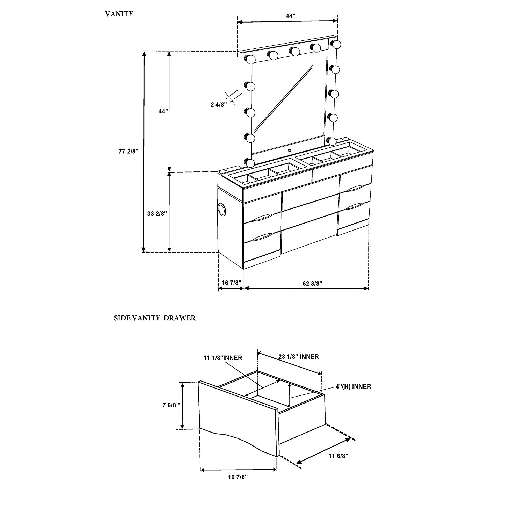 62" White Wood And Glass Six Drawer Vanity Table With Mirror Seating And Lights-8