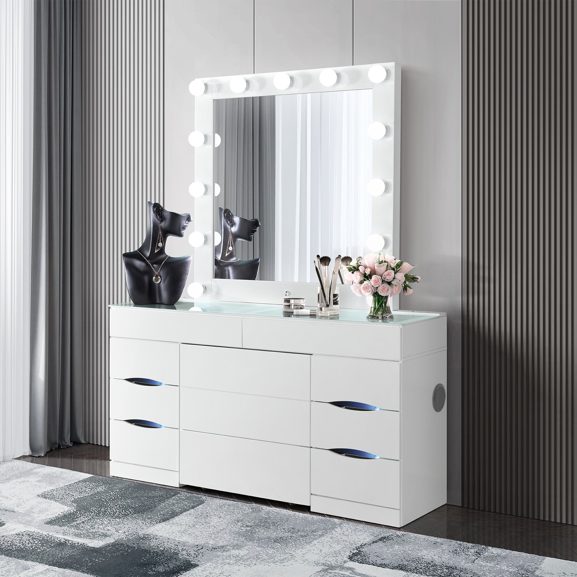 62" White Wood And Glass Six Drawer Vanity Table With Mirror Seating And Lights-6