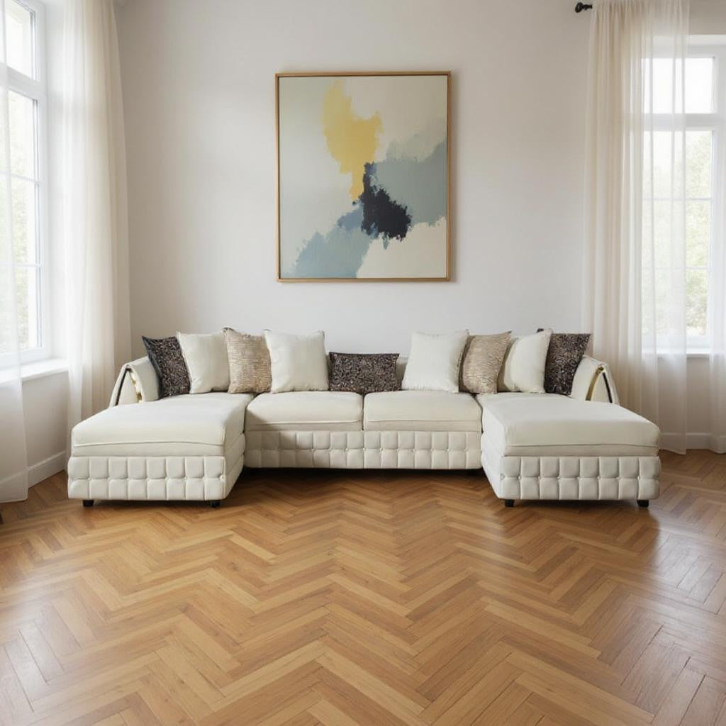 Cream Velvet U Shaped Sofa and Chaise Sectional With Toss Pillows-0