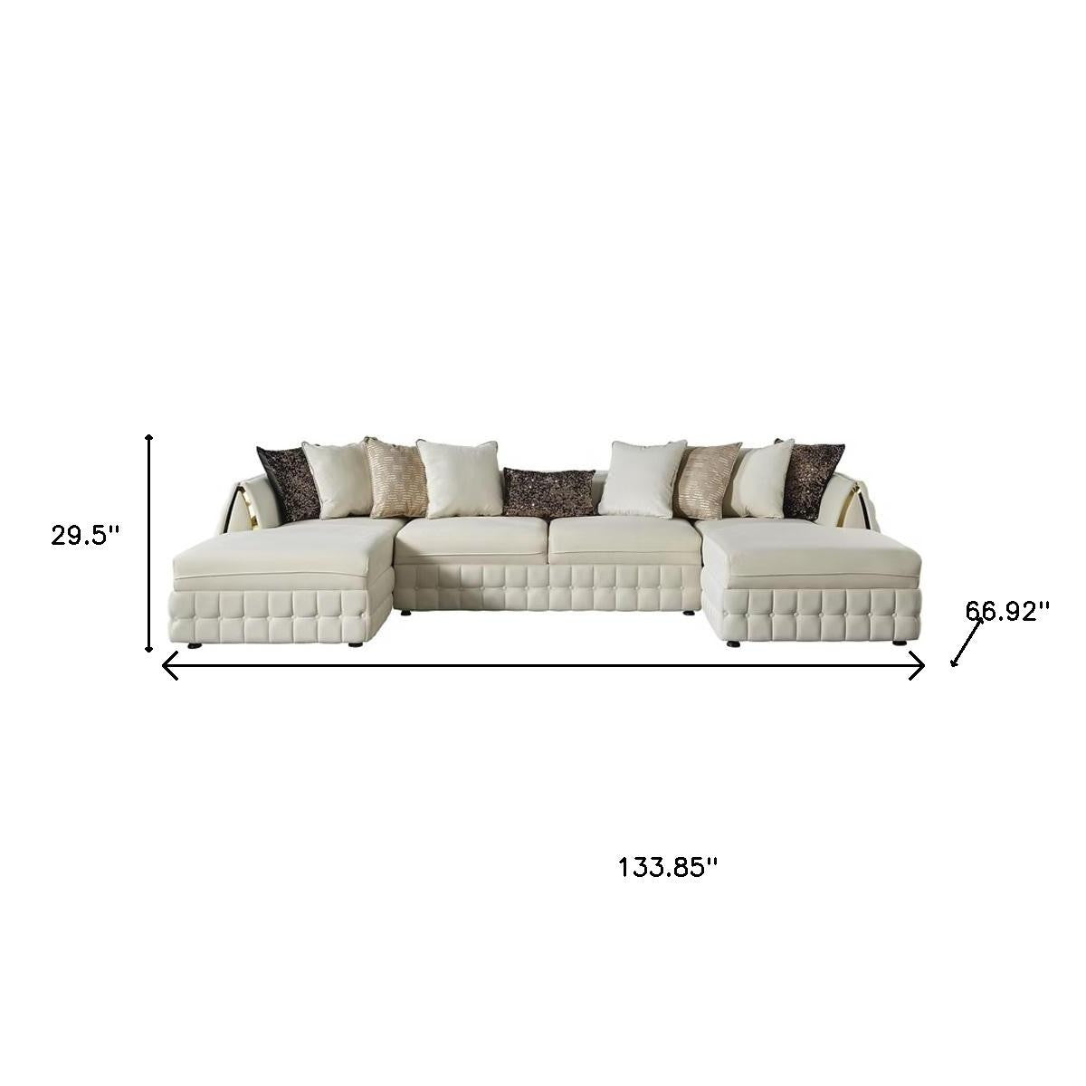 Cream Velvet U Shaped Sofa and Chaise Sectional With Toss Pillows-5