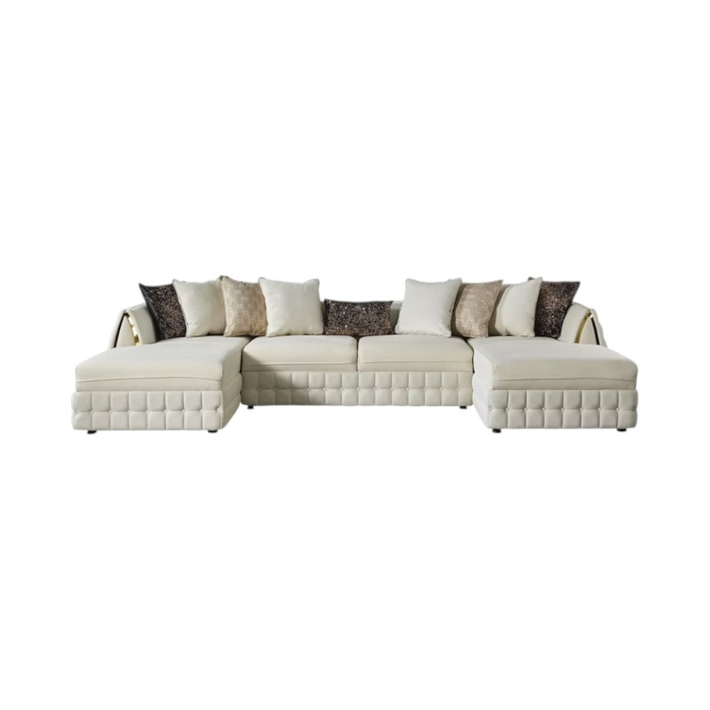 Cream Velvet U Shaped Sofa and Chaise Sectional With Toss Pillows-1