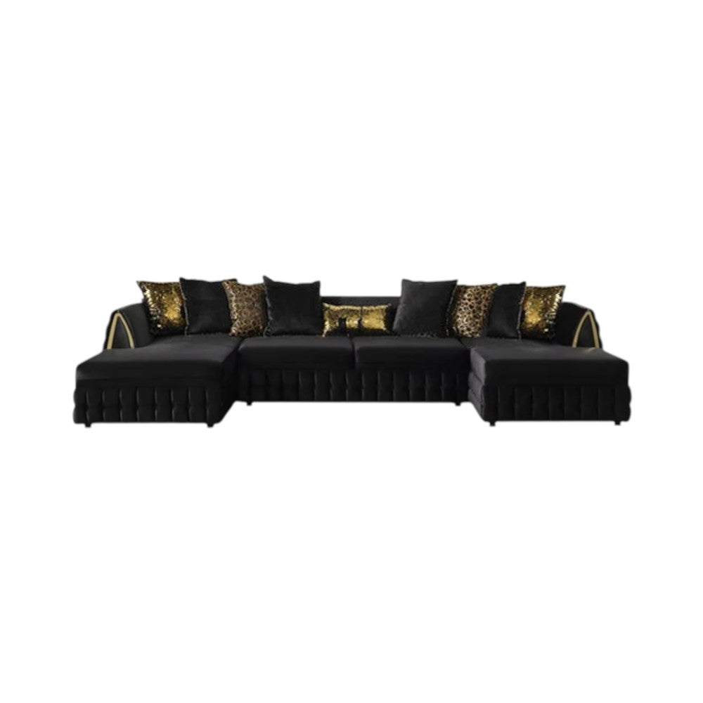 Black Velvet U Shaped Sofa and Chaise Sectional With Toss Pillows-1