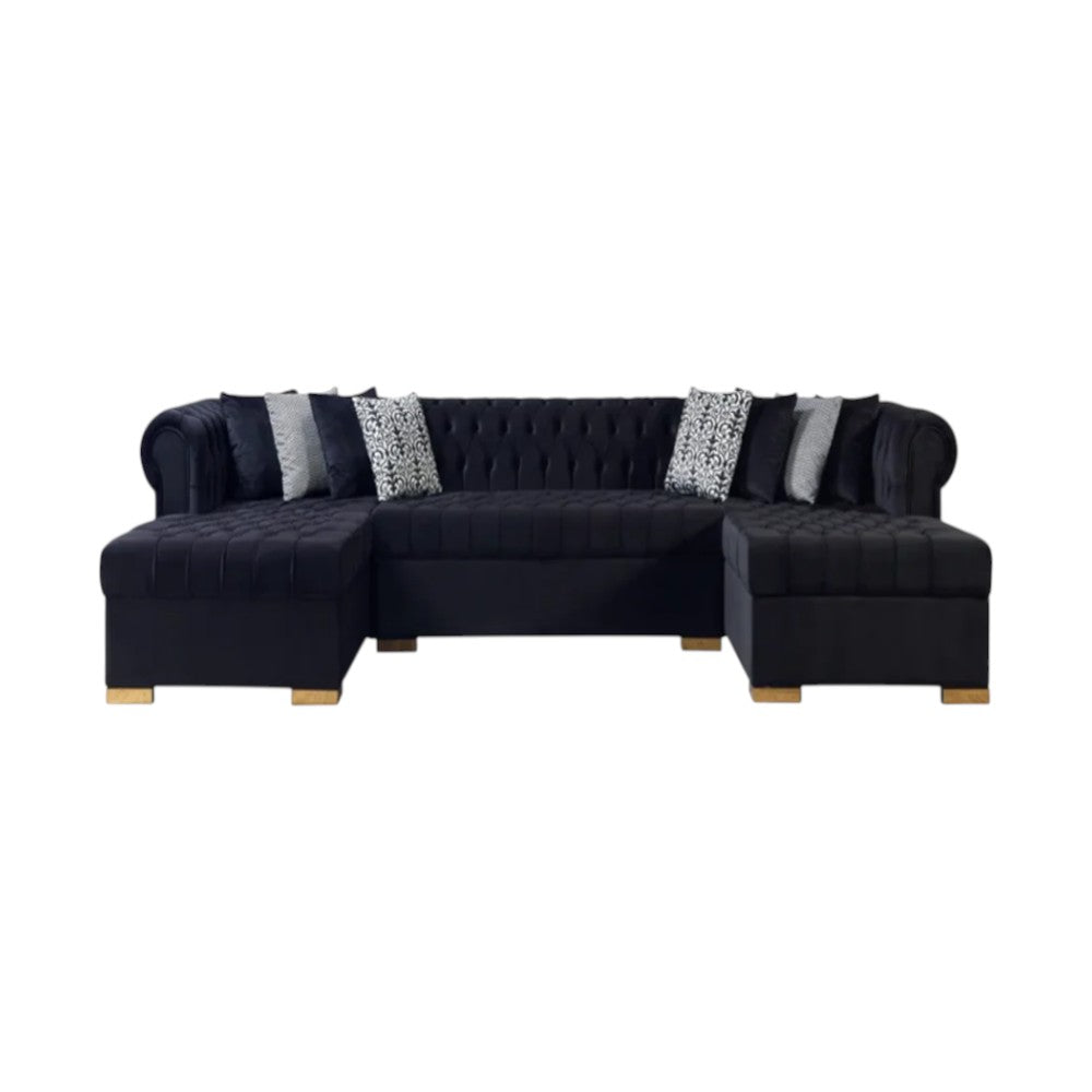 Black Velvet U Shaped Three Piece Sofa and Chaise Sectional With Toss Pillows-1