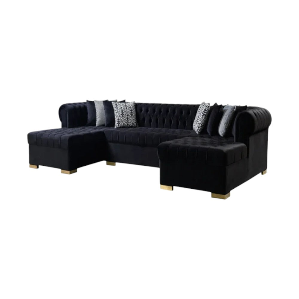 Black Velvet U Shaped Three Piece Sofa and Chaise Sectional With Toss Pillows-2
