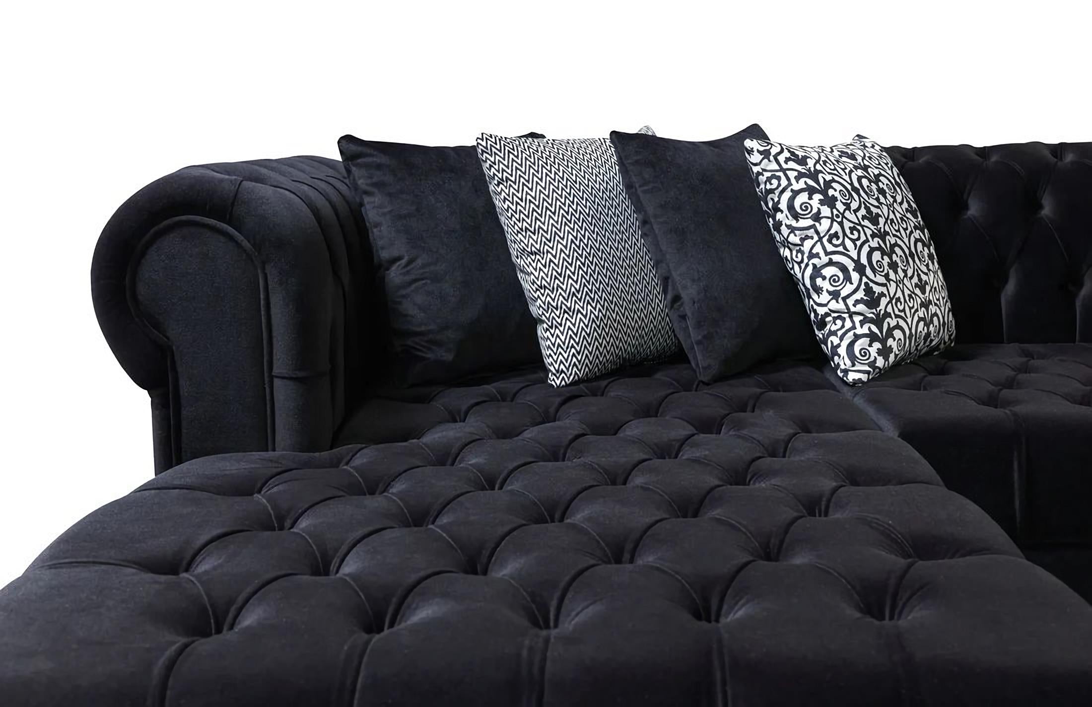 Black Velvet U Shaped Three Piece Sofa and Chaise Sectional With Toss Pillows-4