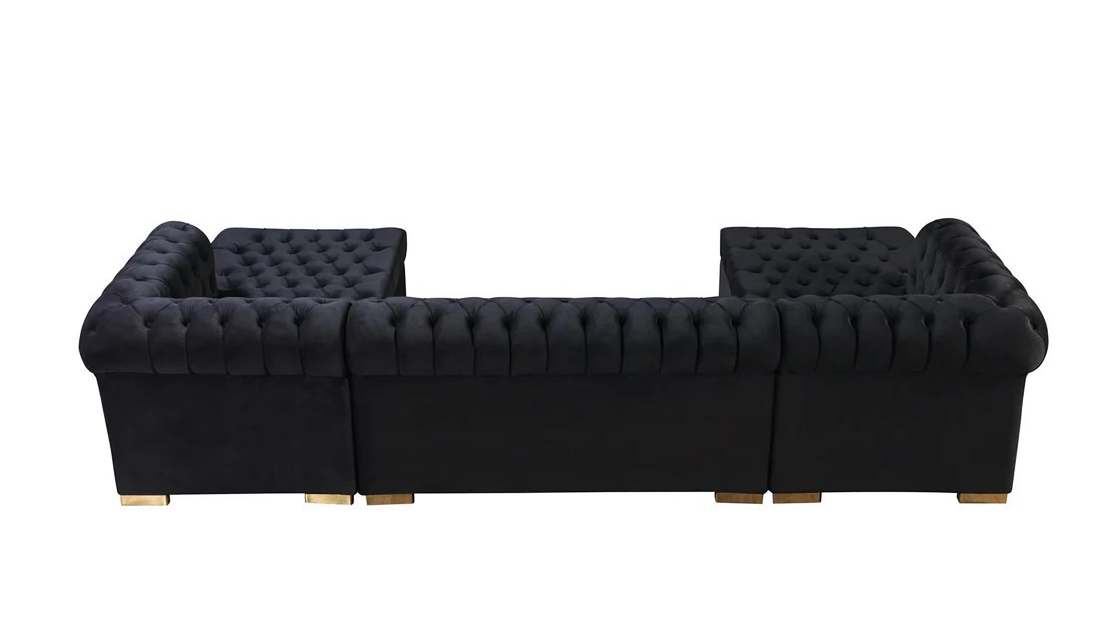 Black Velvet U Shaped Three Piece Sofa and Chaise Sectional With Toss Pillows-3