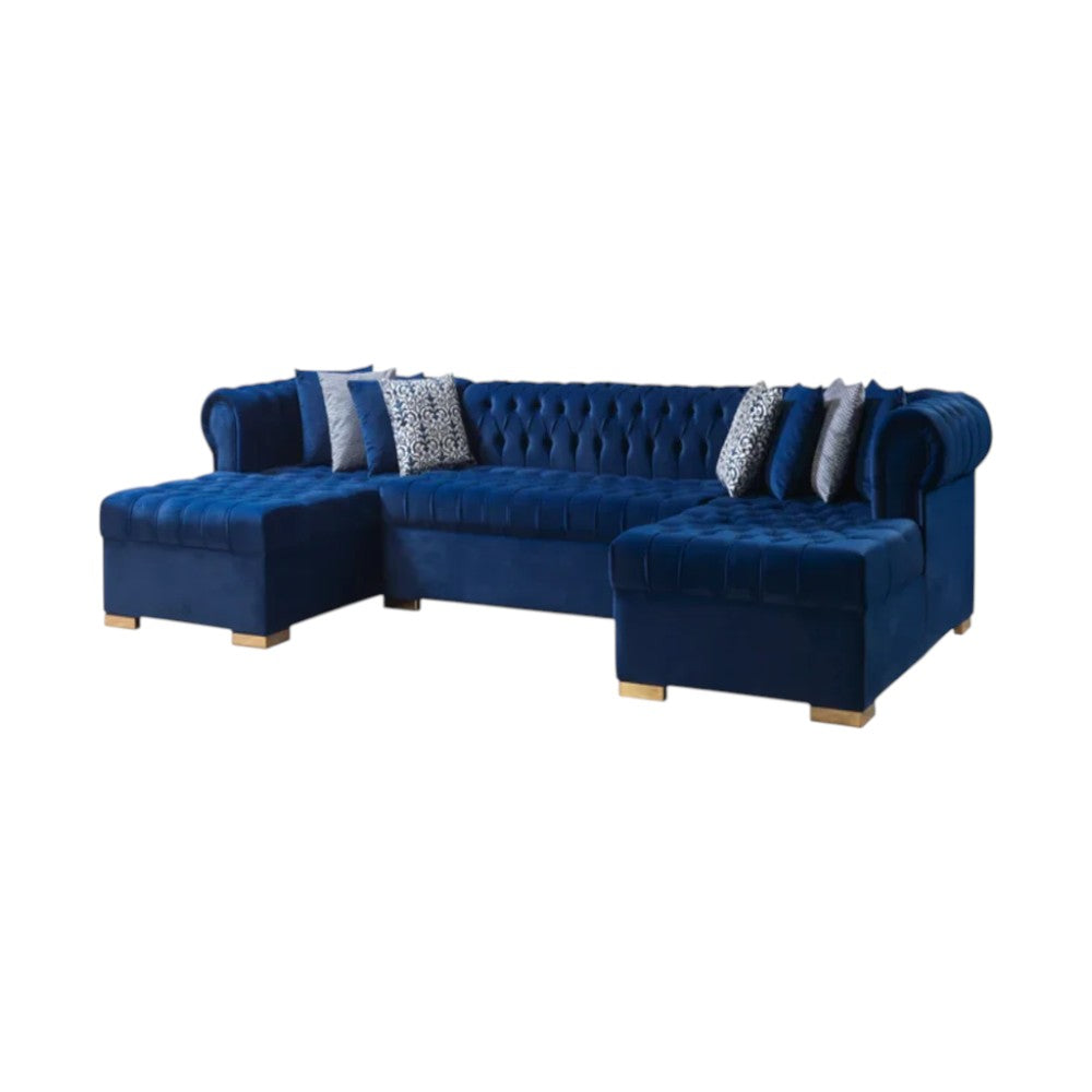 Blue Velvet U Shaped Three Piece Sofa and Chaise Sectional With Toss Pillows-2