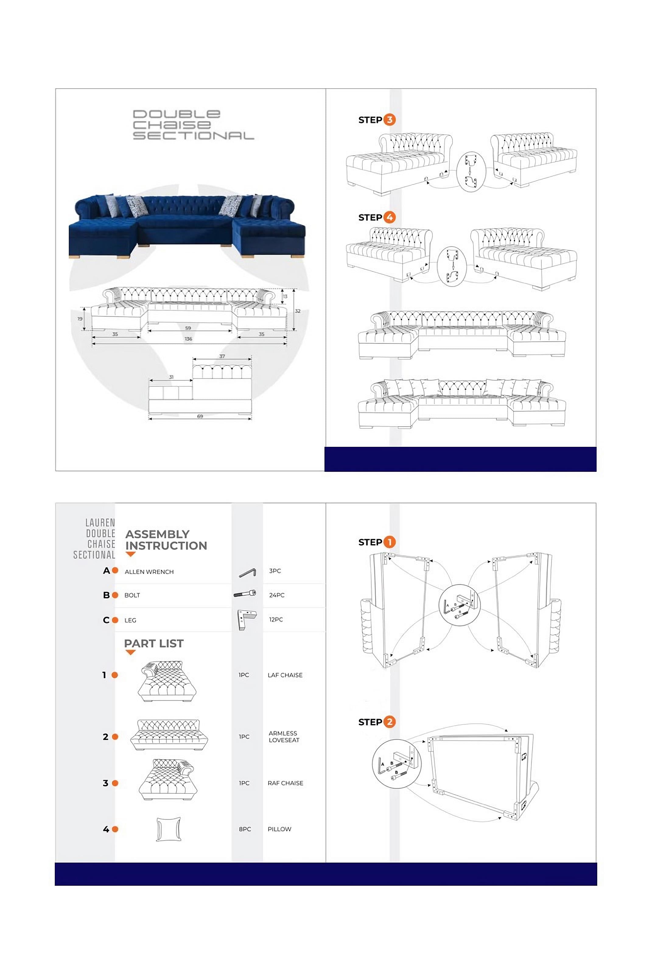 Blue Velvet U Shaped Three Piece Sofa and Chaise Sectional With Toss Pillows-3
