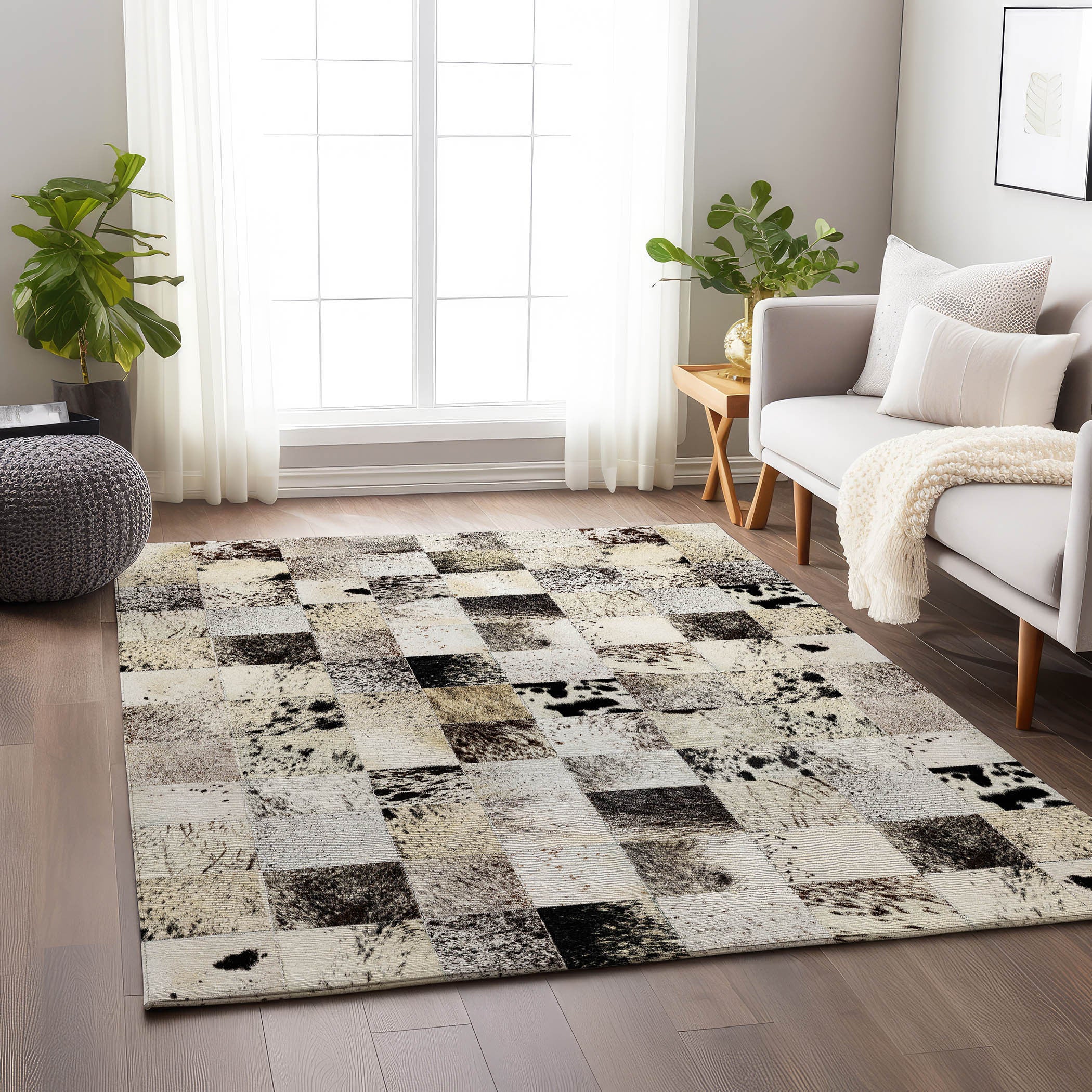 5' X 8' Granite Gray Ivory And Black Patchwork Washable Area Rug With UV Protection-2