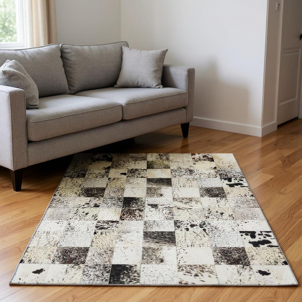 5' X 8' Granite Gray Ivory And Black Patchwork Washable Area Rug With UV Protection-1