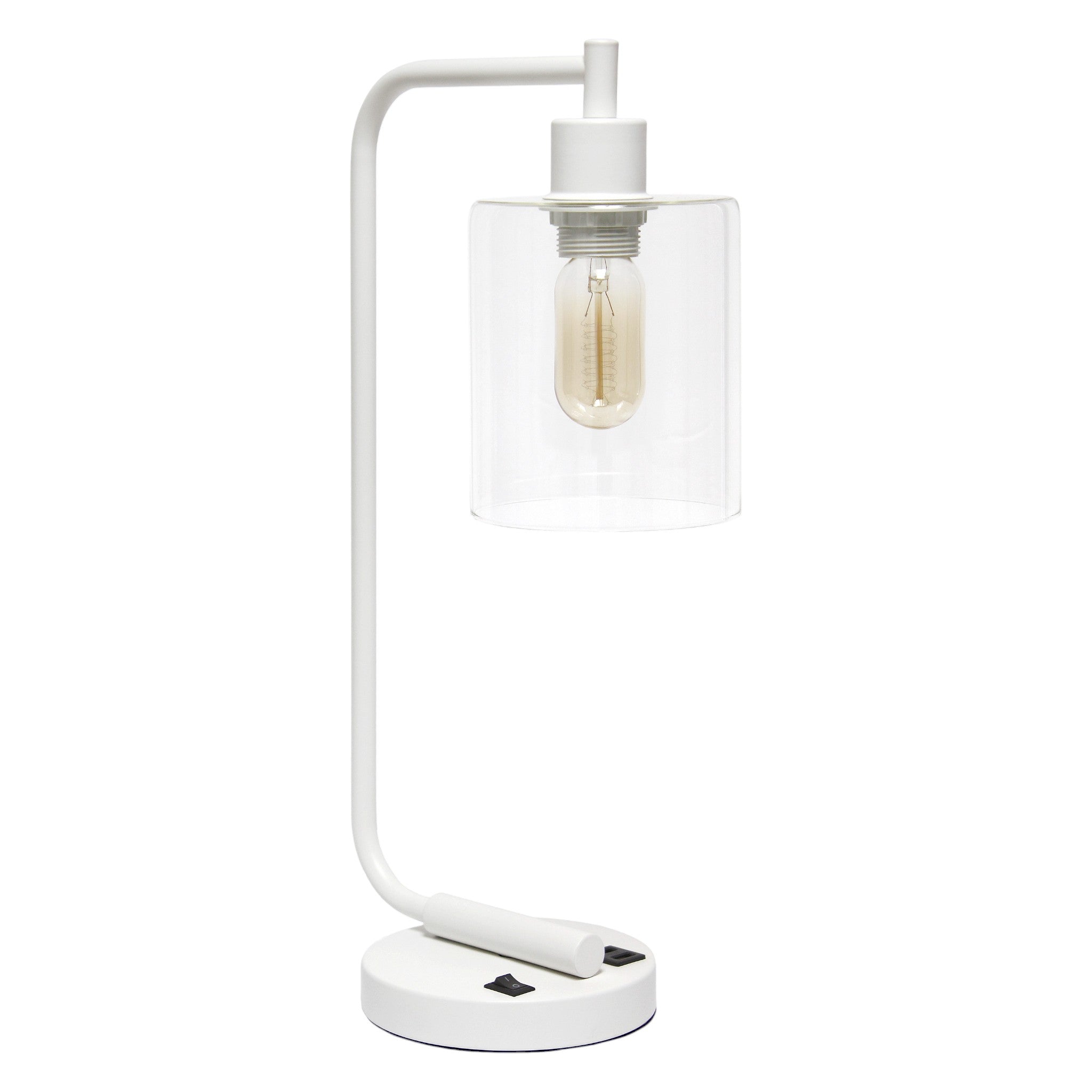 19" White Iron Lantern USB Table Lamp With Clear Cylinder Shade-1