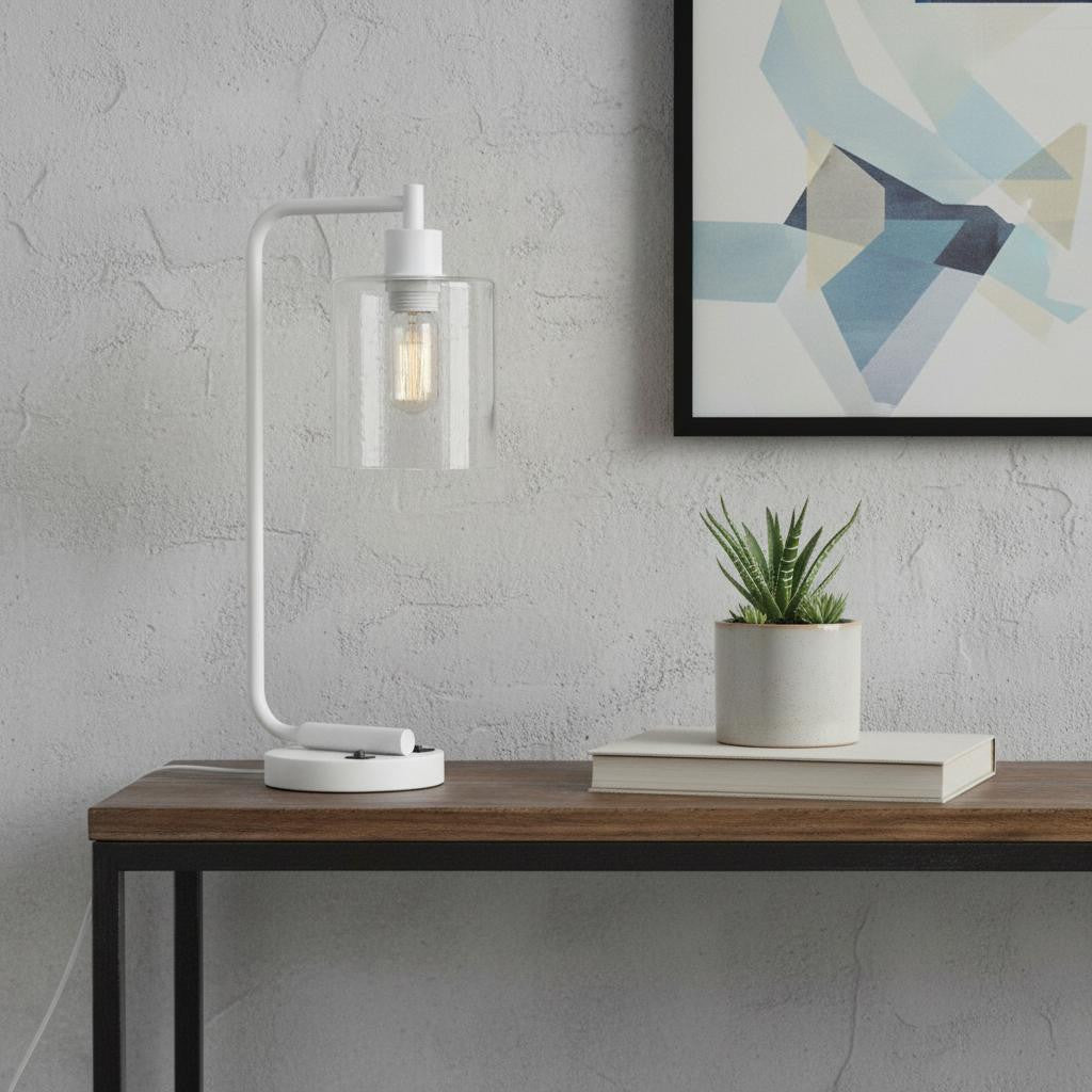 19" White Iron Lantern USB Table Lamp With Clear Cylinder Shade-0