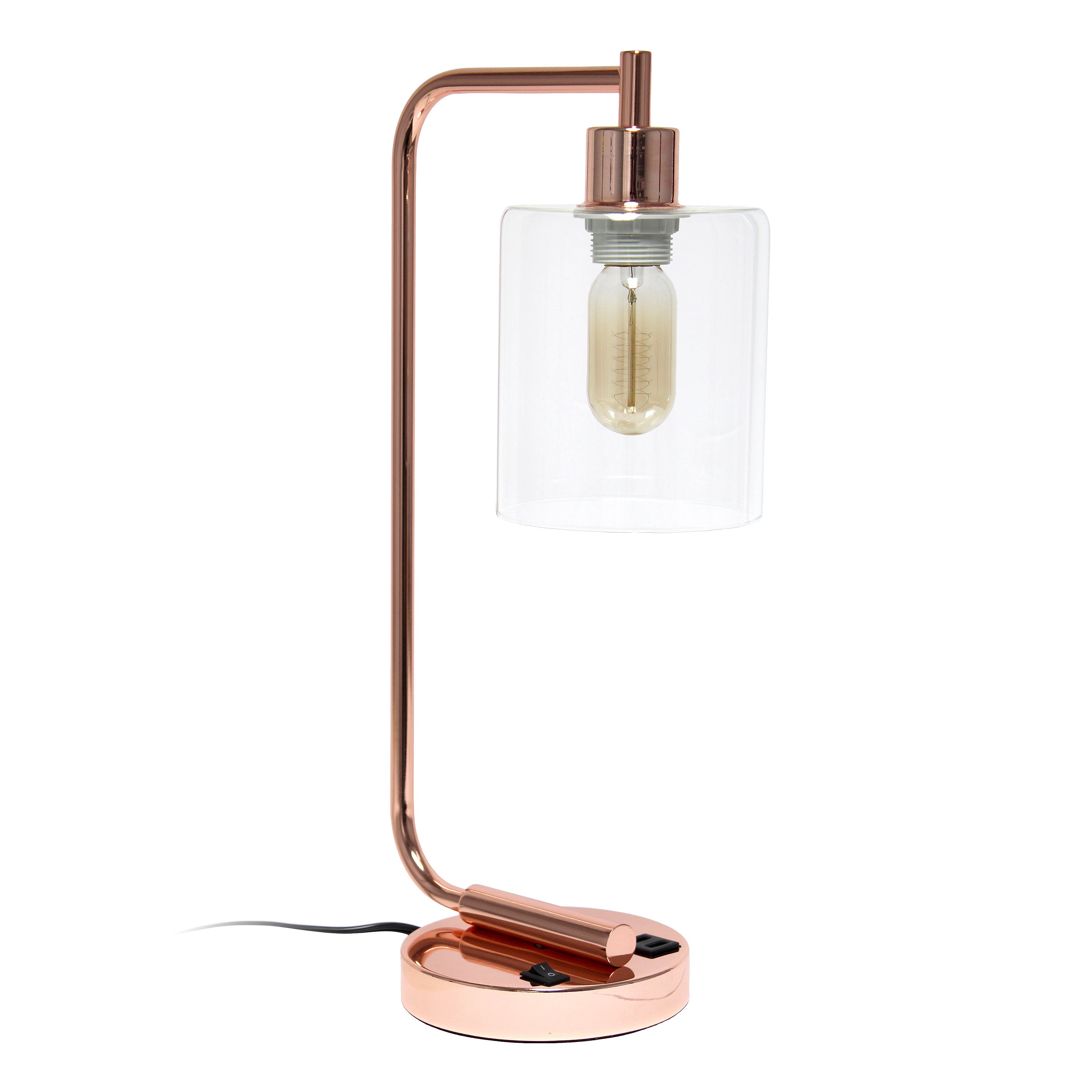 19" Rose Gold Iron Lantern USB Table Lamp With Clear Cylinder Shade-1