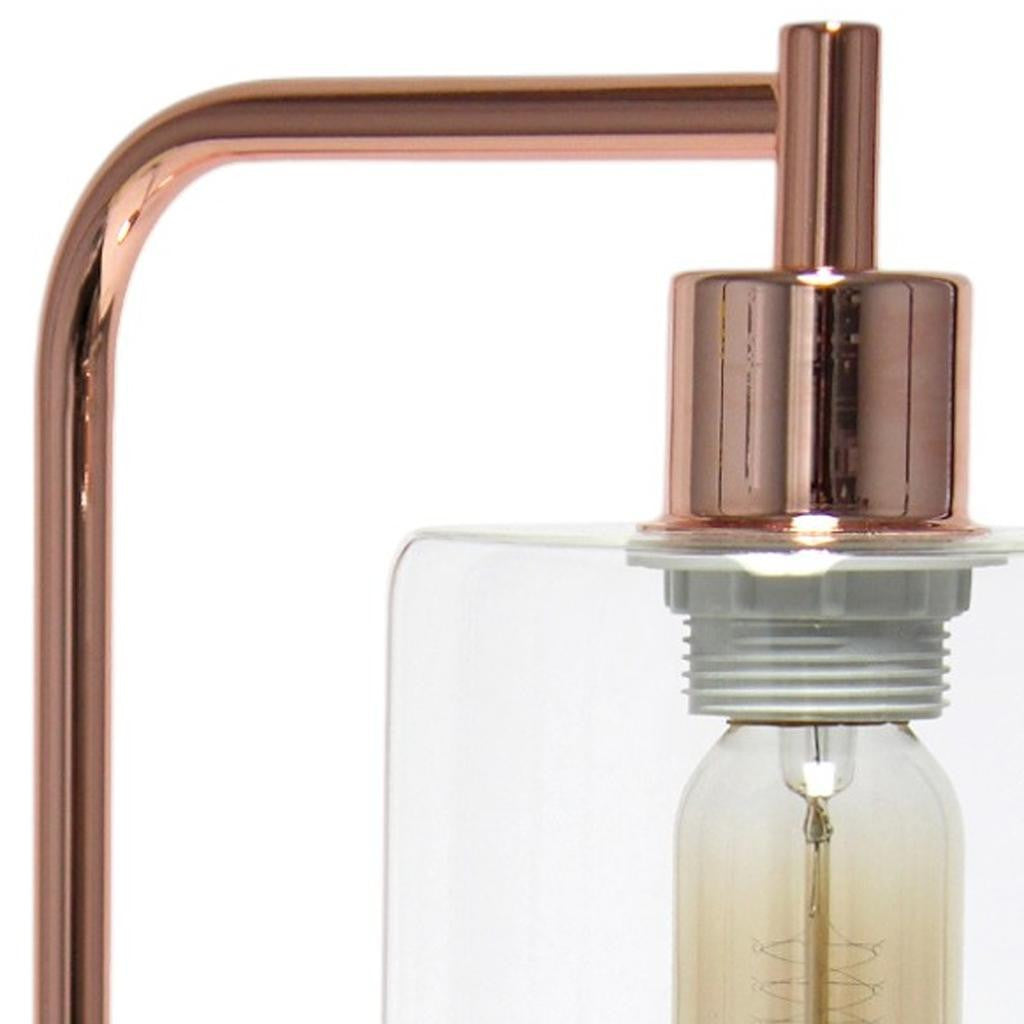 19" Rose Gold Iron Lantern USB Table Lamp With Clear Cylinder Shade-3