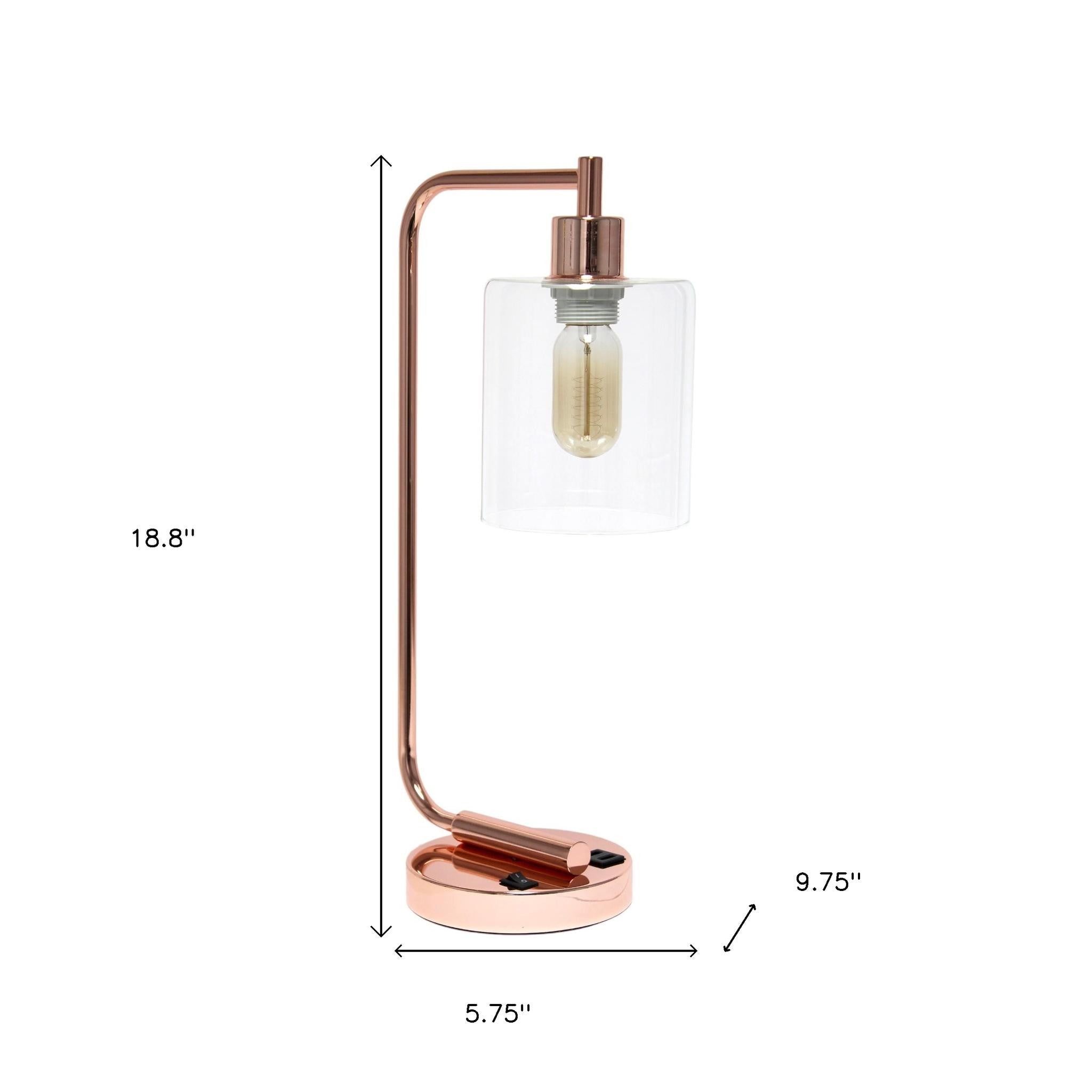 19" Rose Gold Iron Lantern USB Table Lamp With Clear Cylinder Shade-4