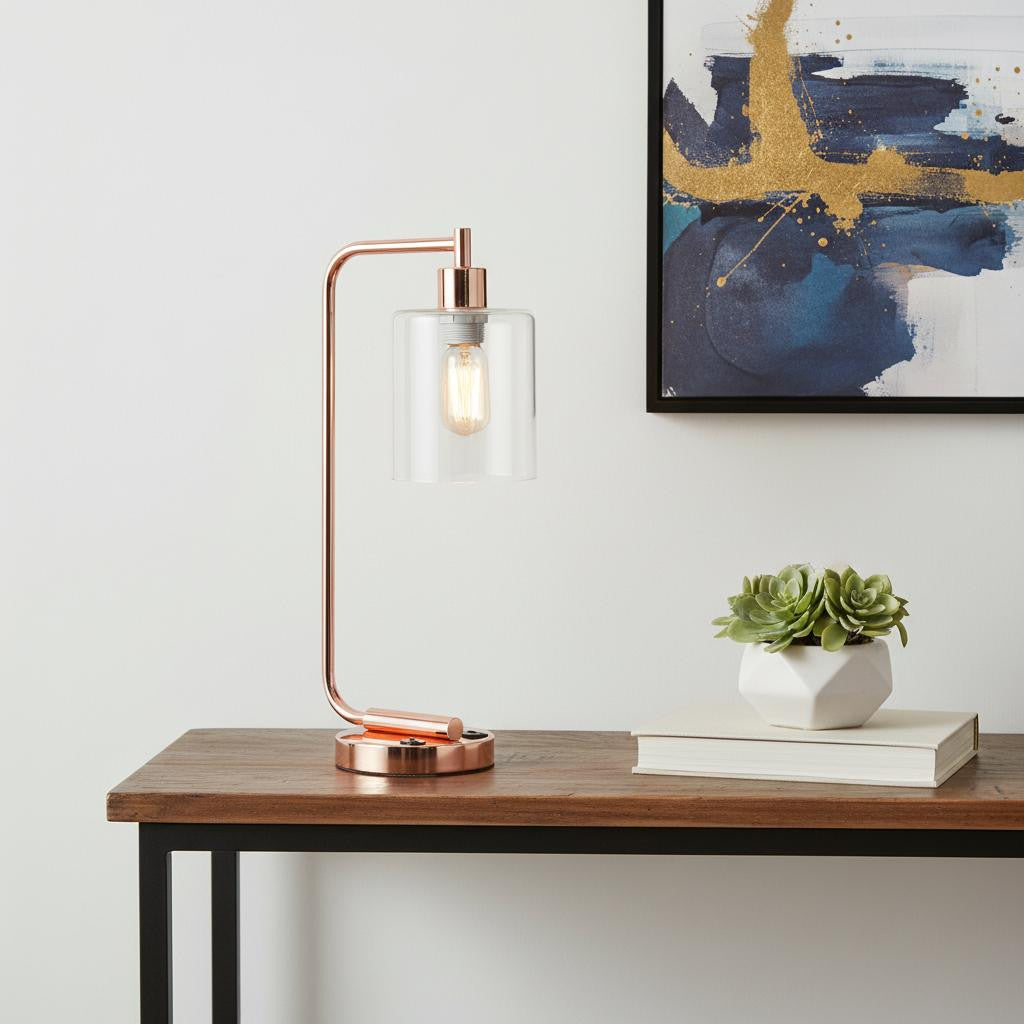 19" Rose Gold Iron Lantern USB Table Lamp With Clear Cylinder Shade-0