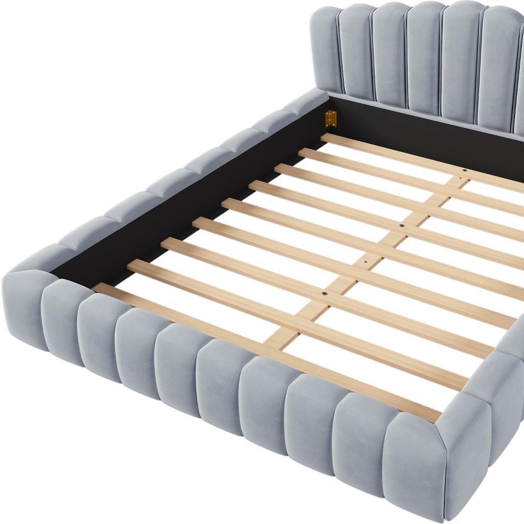 Light Blue Tufted Velvet Upholstered Queen Bed Frame-6