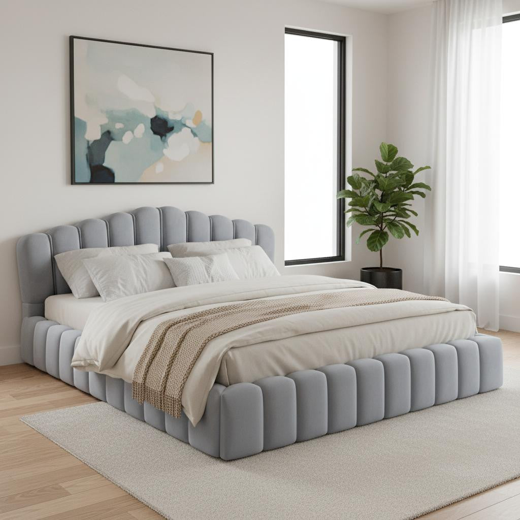 Light Blue Tufted Velvet Upholstered Queen Bed Frame-0