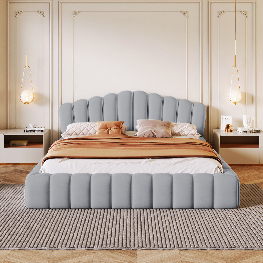 Light Blue Tufted Velvet Upholstered Queen Bed Frame-7