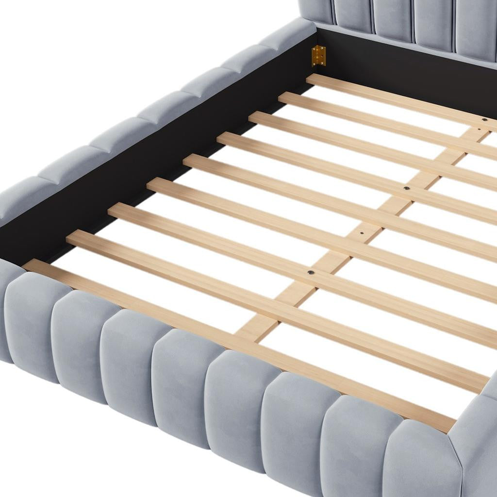 Light Blue Tufted Velvet Upholstered Queen Bed Frame-5
