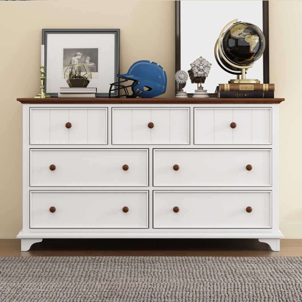 61" White And Walnut Wood Seven Drawer Captains Dresser-7