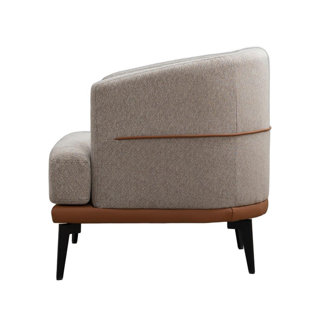 29" Beige Terra Cotta and Black Linen Upholstered Wood Barrel Chair-6