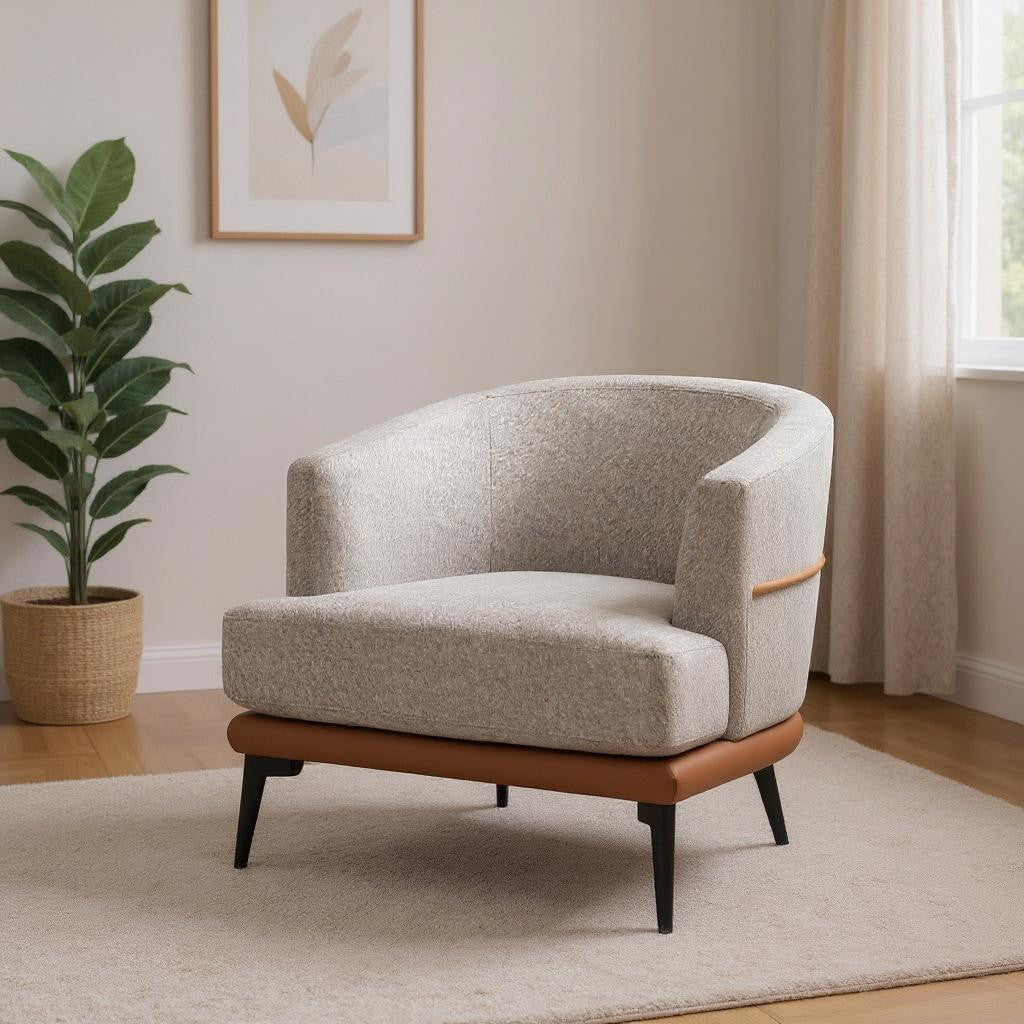 29" Beige Terra Cotta and Black Linen Upholstered Wood Barrel Chair-0