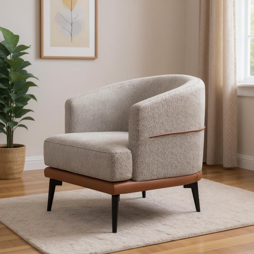 29" Beige Terra Cotta and Black Linen Upholstered Wood Barrel Chair-1