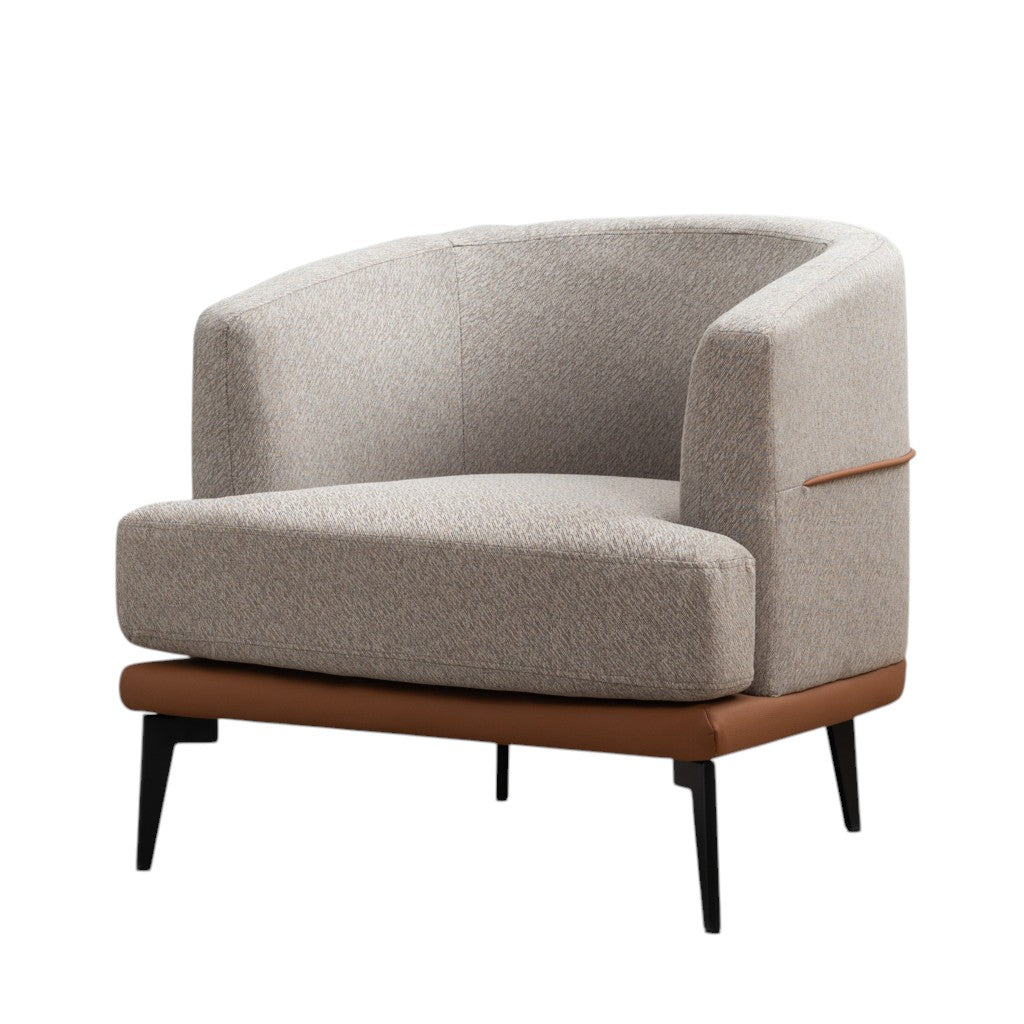 29" Beige Terra Cotta and Black Linen Upholstered Wood Barrel Chair-4