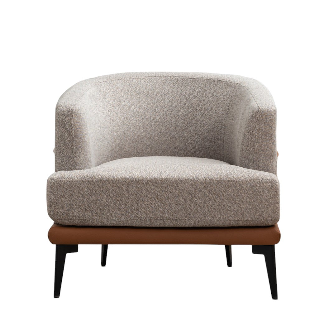 29" Beige Terra Cotta and Black Linen Upholstered Wood Barrel Chair-2