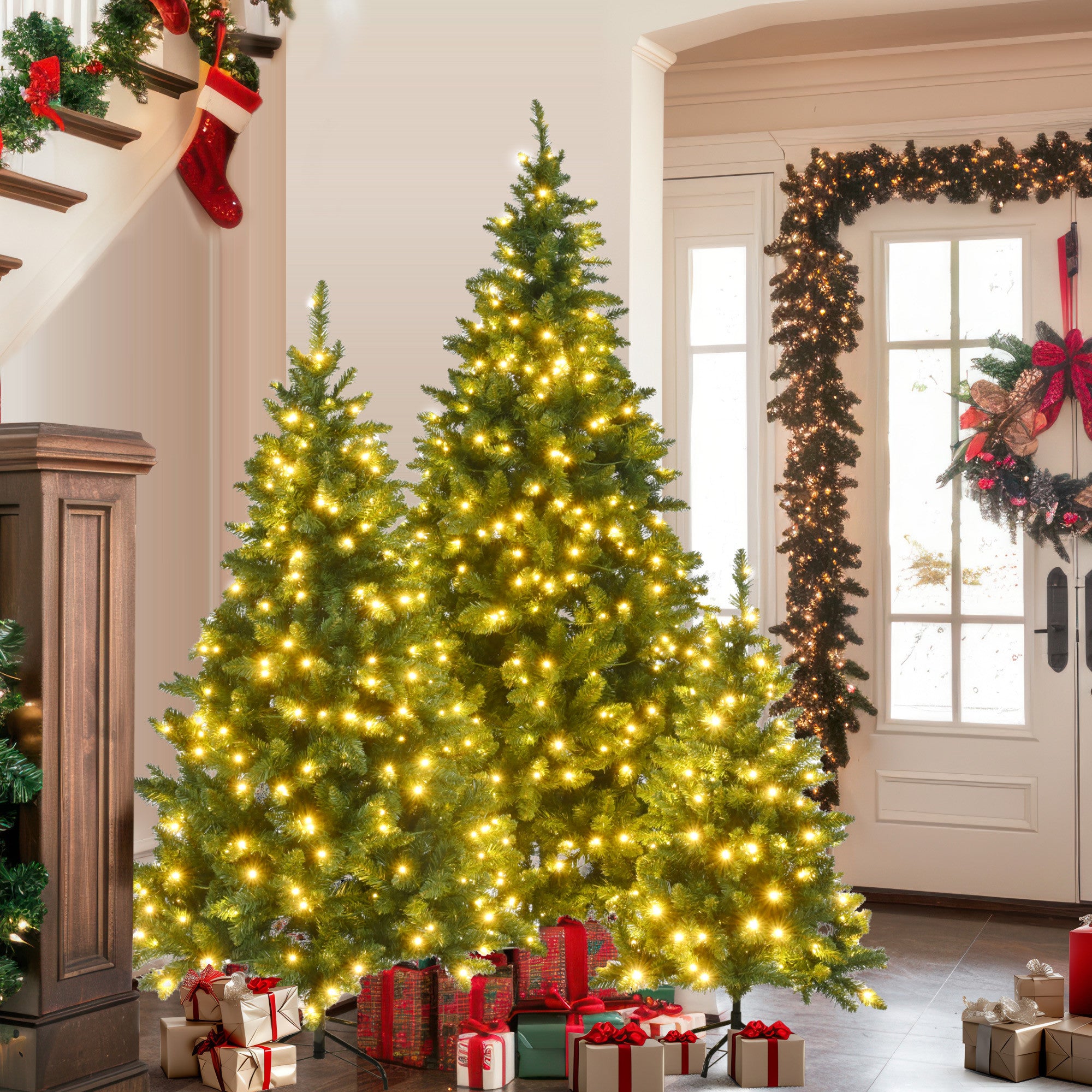 Three Piece Pre Lit Extra Full Frosted Pine Christmas Tree Set-8