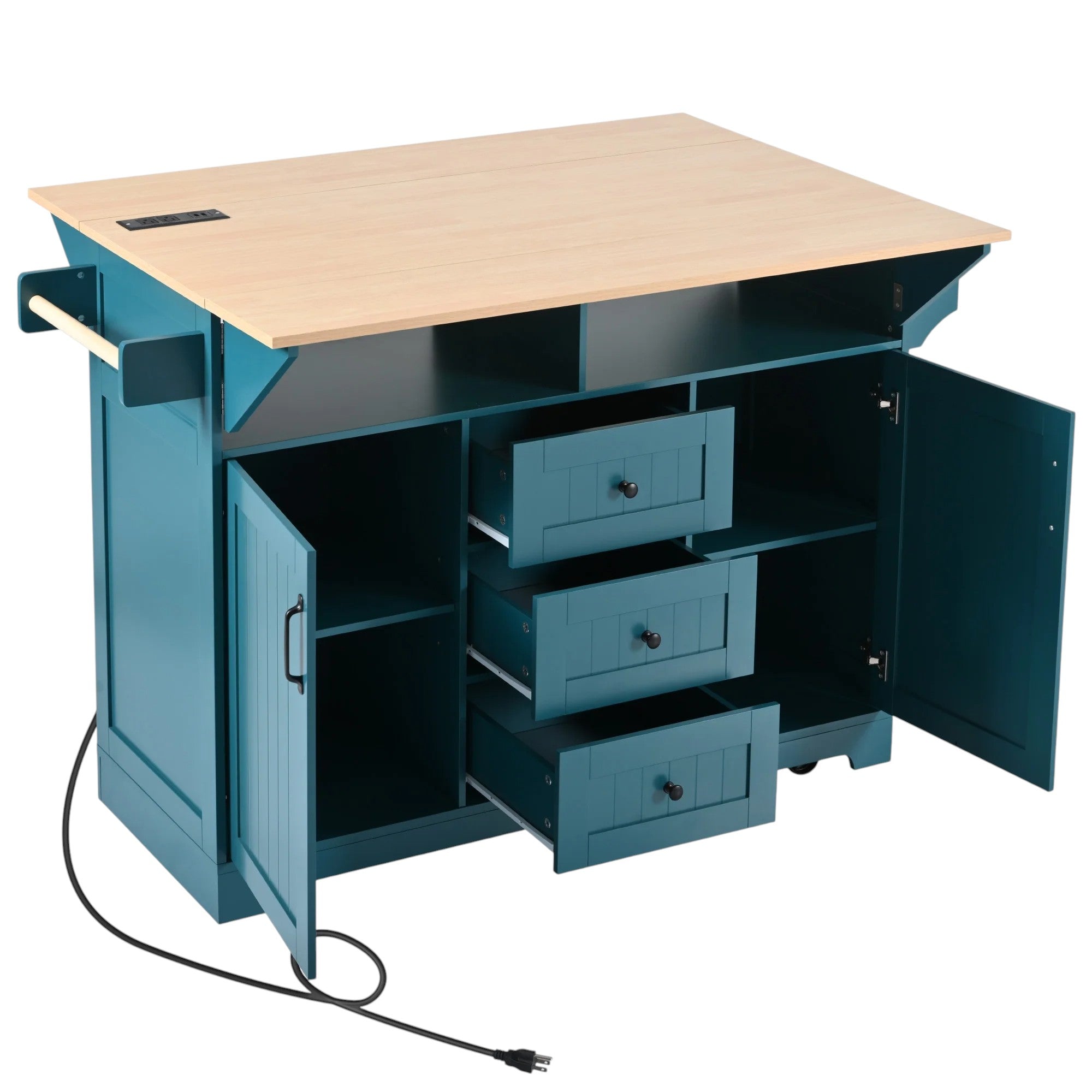 56" Teal Blue Wood Rolling Kitchen Island With Storage-2
