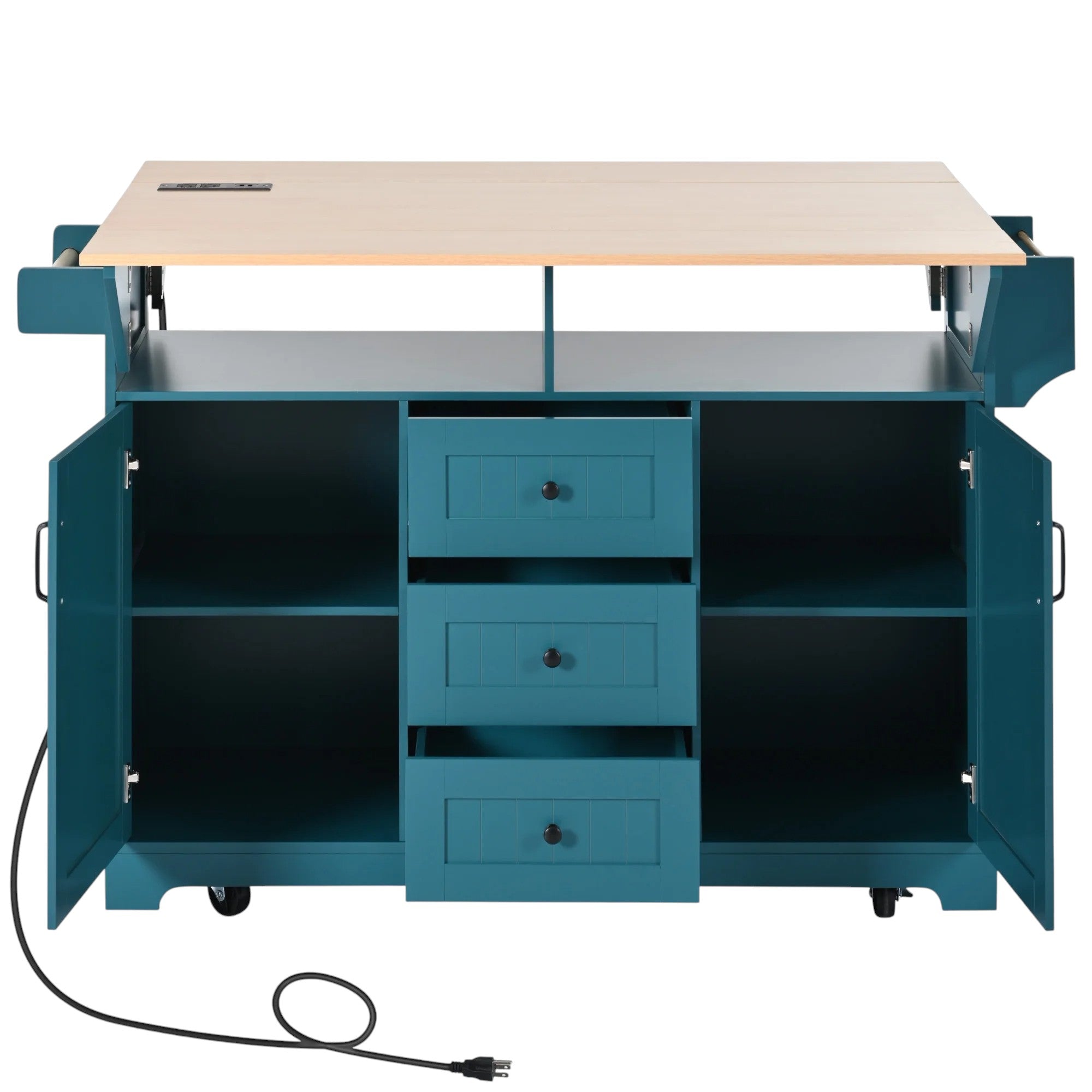 56" Teal Blue Wood Rolling Kitchen Island With Storage-3