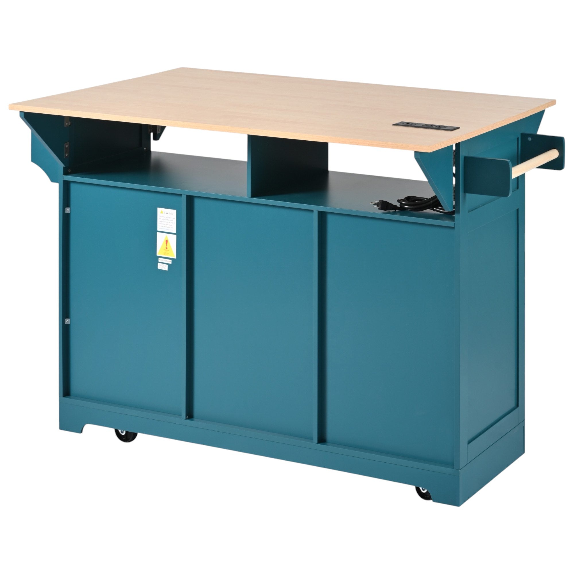 56" Teal Blue Wood Rolling Kitchen Island With Storage-4