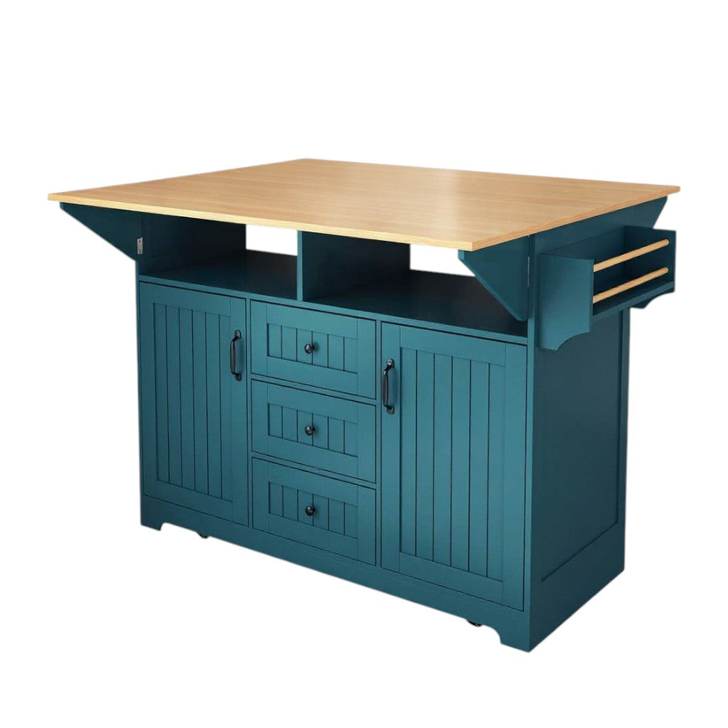 56" Teal Blue Wood Rolling Kitchen Island With Storage-1