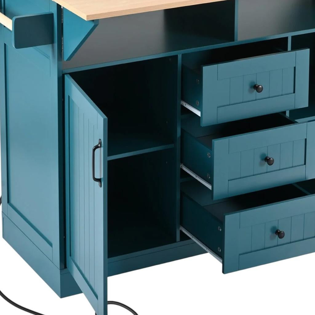 56" Teal Blue Wood Rolling Kitchen Island With Storage-8