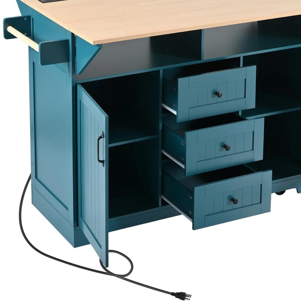 56" Teal Blue Wood Rolling Kitchen Island With Storage-6