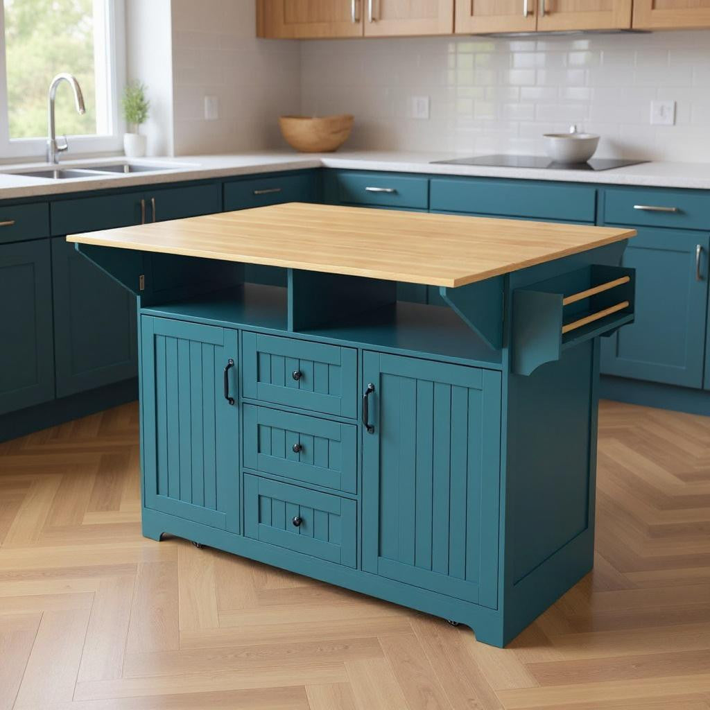 56" Teal Blue Wood Rolling Kitchen Island With Storage-0